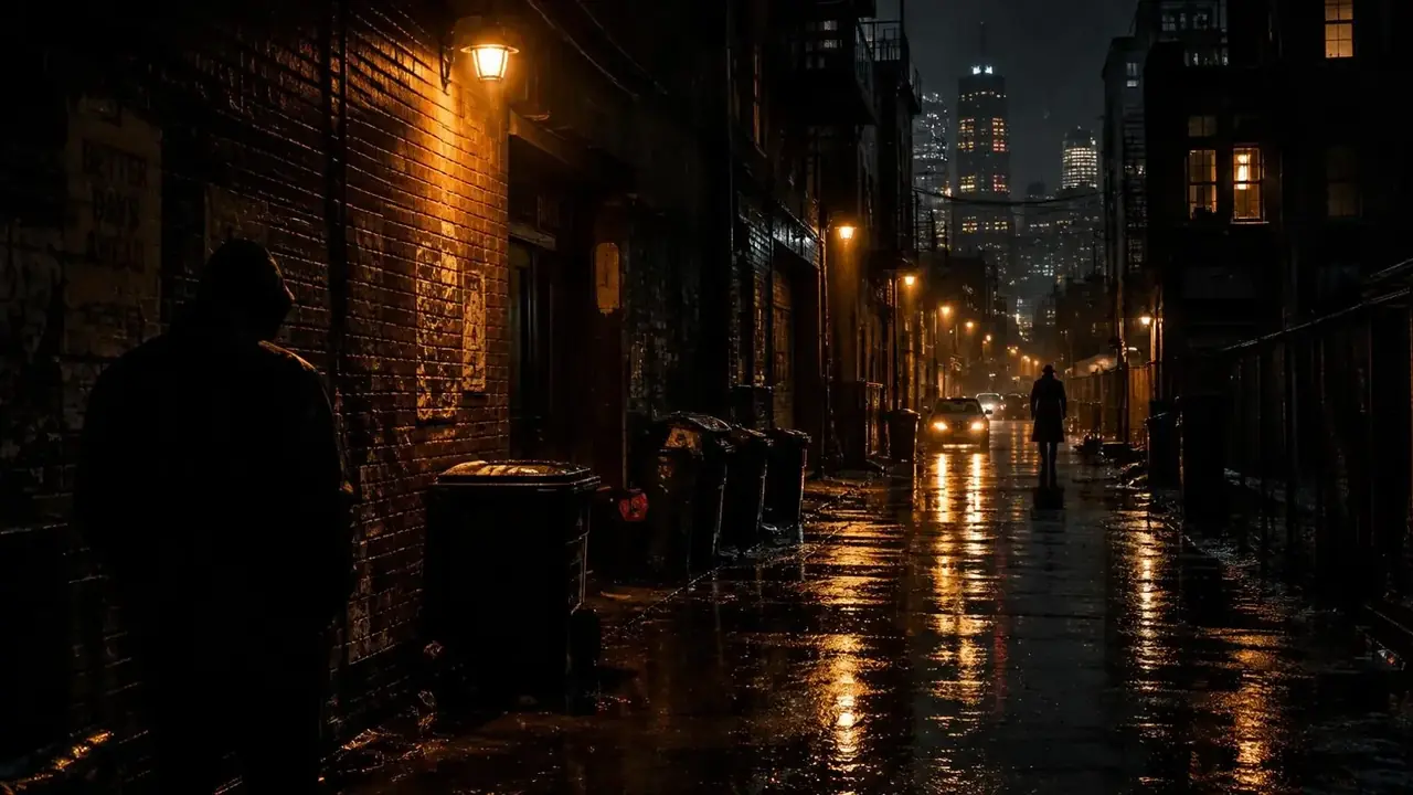 短剧《冷案簿·第七夜》横版主视觉，悬疑题材，每个雨夜都会有人消失，而凶手一直在警局里